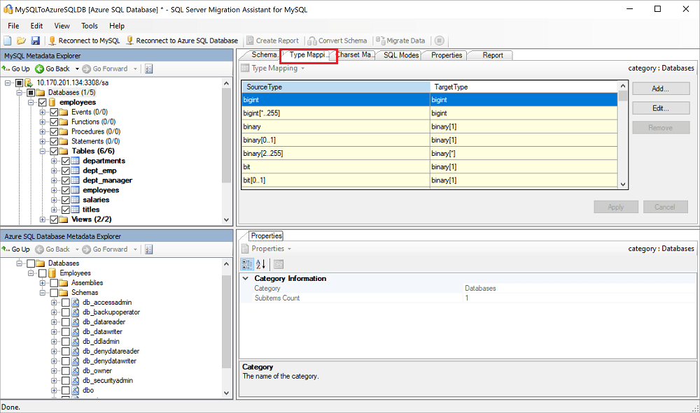 Azure SQL MySQL - Configure Source and Target Database Mappings